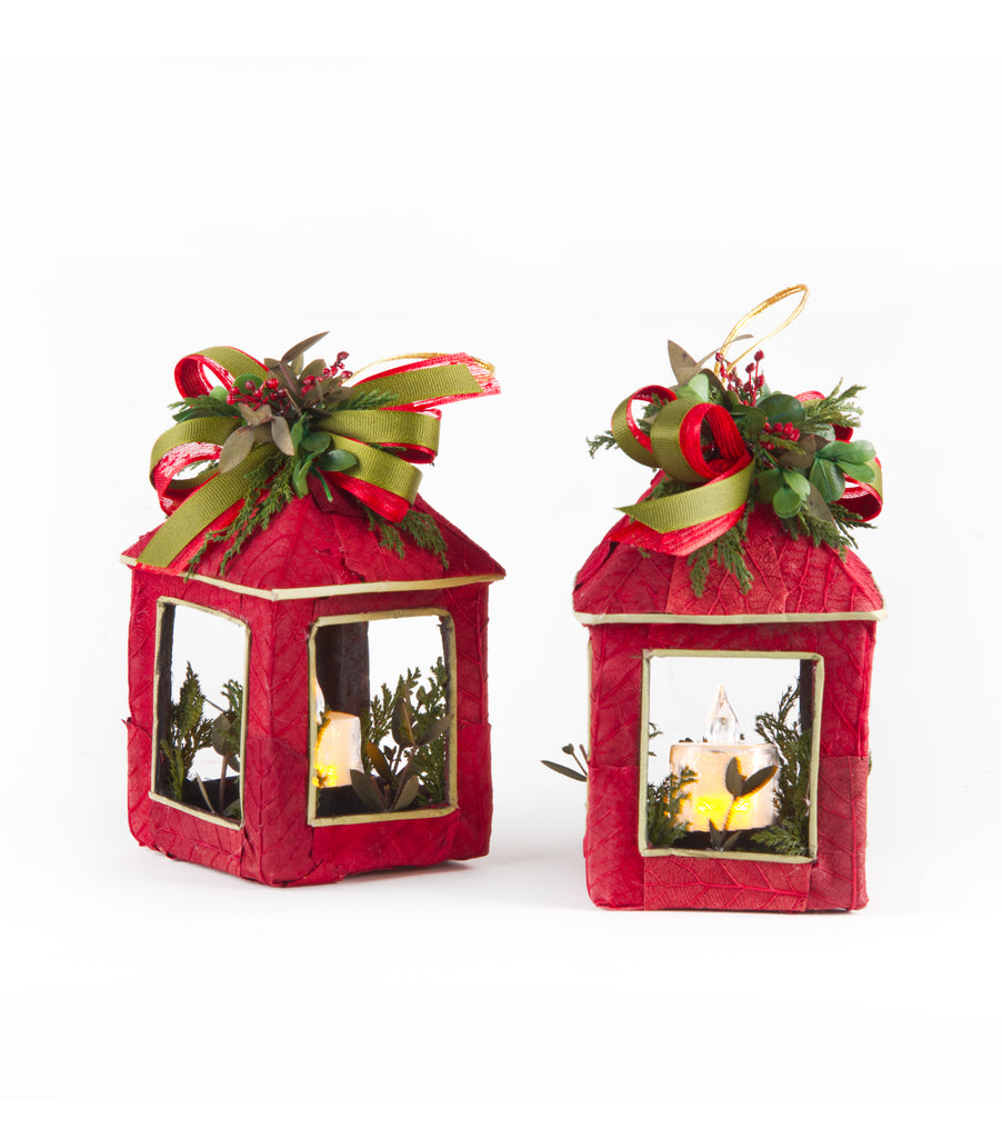 Estuche con 2 Piezas de Faroles Chicos de Corteza y Hoja de Encino Redwood