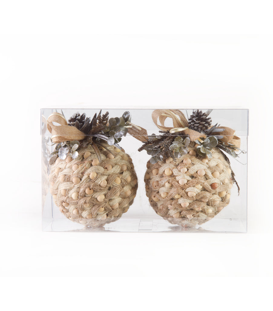 Estuche con 2 Piezas de Esferas Chicas de Yute con Cuentas de Madera Frosty Forest