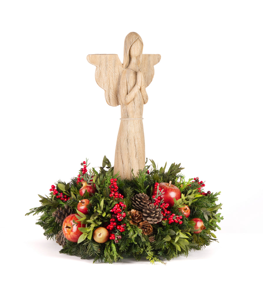 Centro de Mesa con Ángel Rezando de Madera Redwood