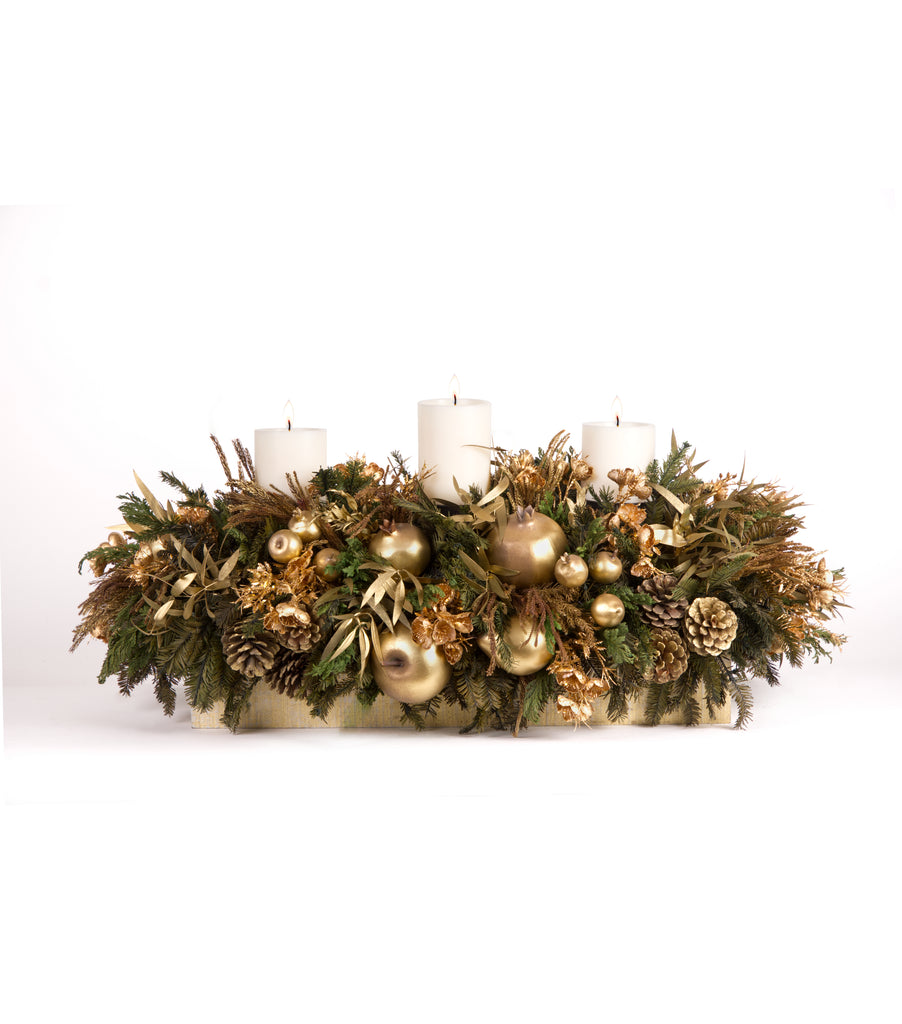 Centro de Mesa Rectangular con 3 Velas Golden Forest