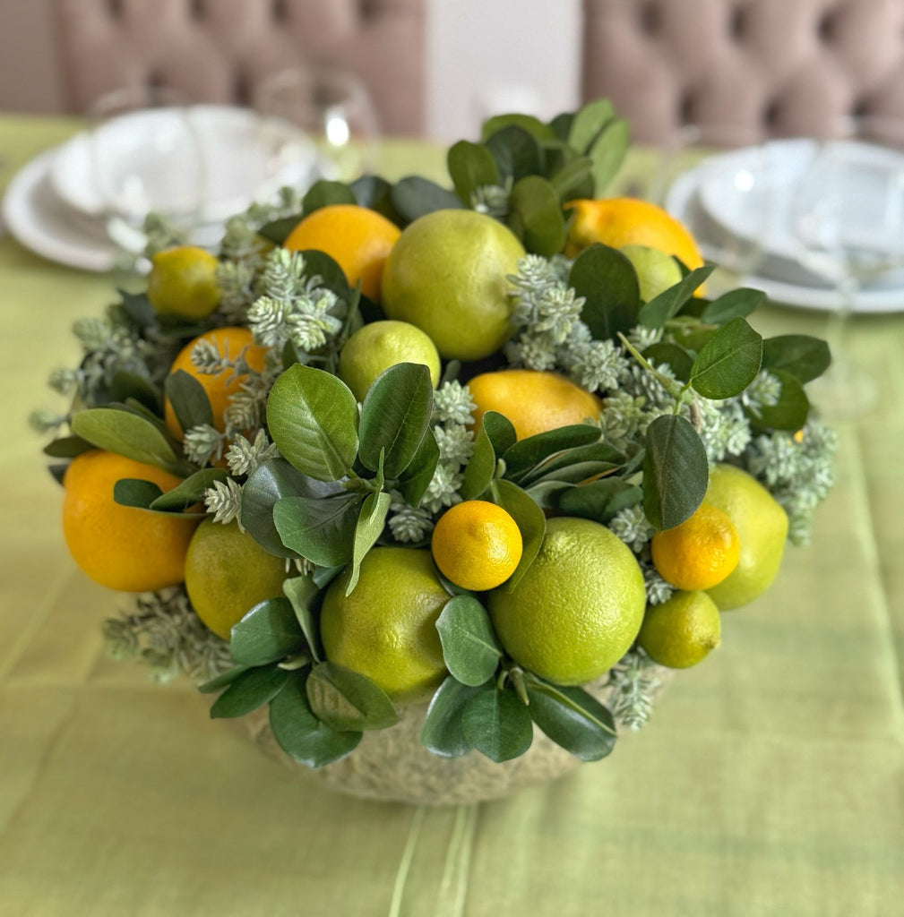 Centro de Mesa Grande con Limones Hechos a Mano Pintados al Óleo en Base Tipo Cantera