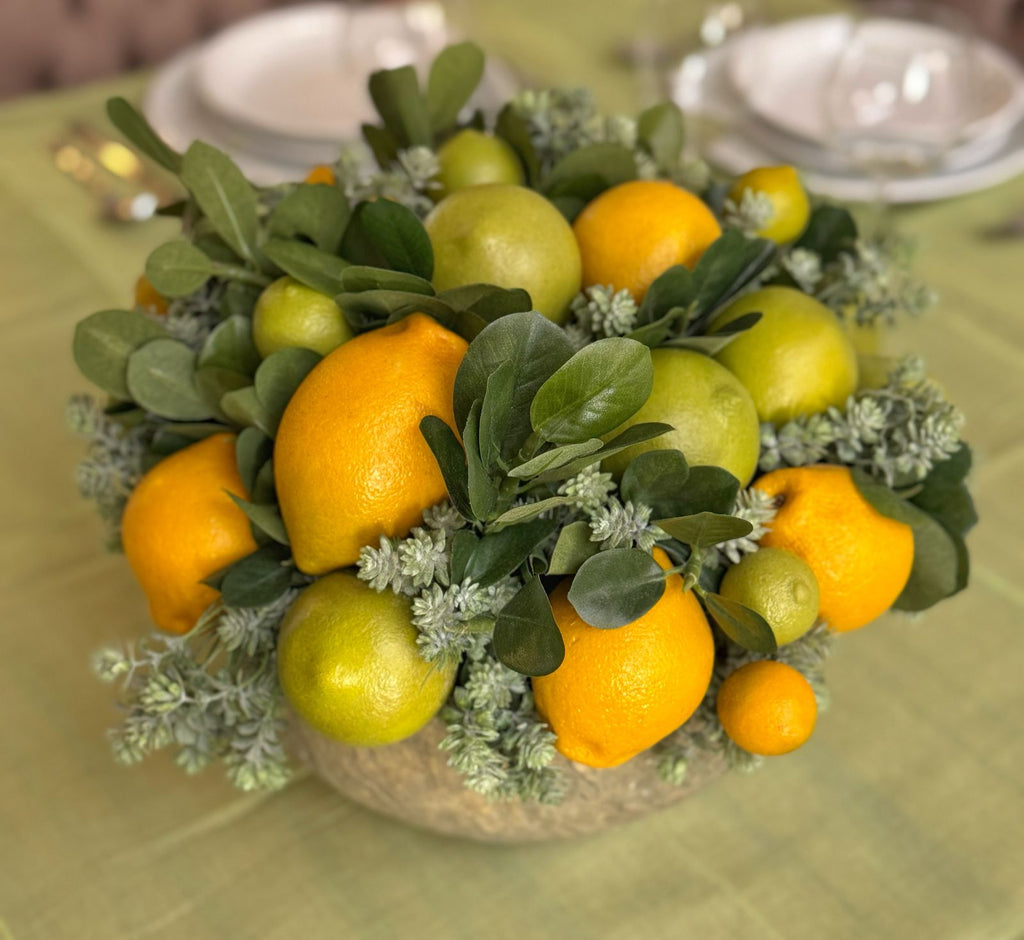 Centro de Mesa Grande con Limones Hechos a Mano Pintados al Óleo en Base Tipo Cantera