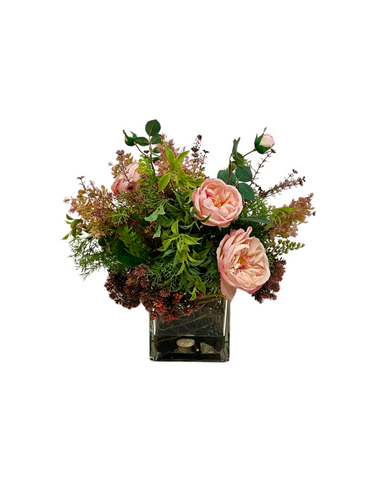 Arreglo Floral 3/4 con Rosas y Follajes Artificiales en Base Cuadrada de Vidrio con Agua Acrílica