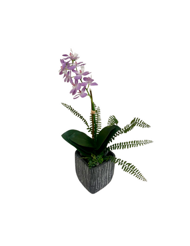 Orquideario con Mini Phalaenopsis Lila Artificial en Base Cuadrada Tipo Cantera