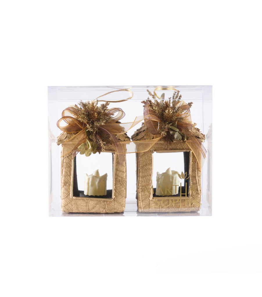 Estuche con 2 Piezas de Faroles Chicos de Encino c/Led Golden Woods