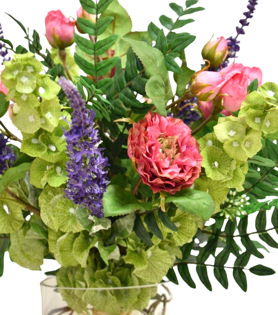 Arreglo Floral de Rosas y Bluddelias Artificiales en Florero de Vidrio con Agua Acrílica
