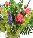 Arreglo Floral de Rosas y Bluddelias Artificiales en Florero de Vidrio con Agua Acrílica