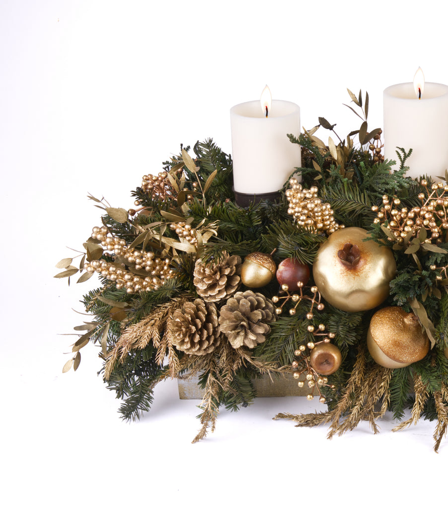 Centro de Mesa Rectangular con 3 Velas Golden Woods