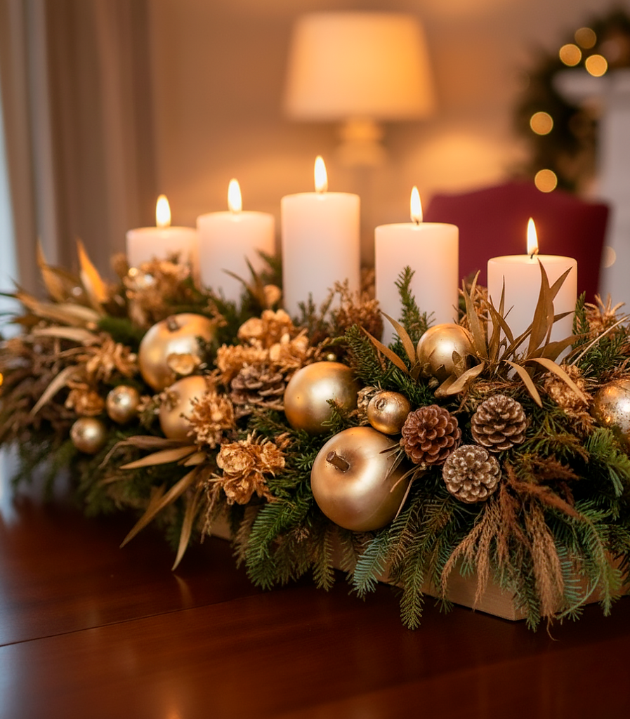 Centro de Mesa Rectangular con 5 Velas Golden Forest