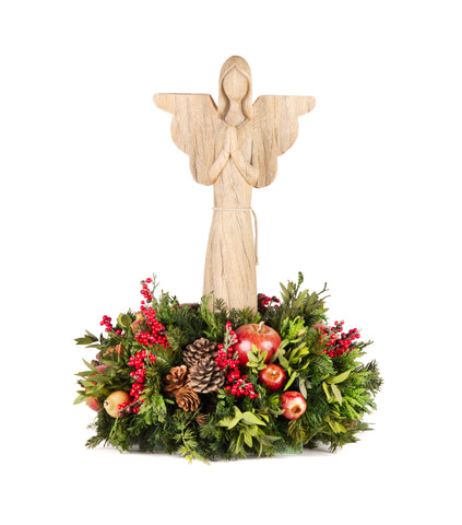 Centro de Mesa con Ángel Rezando de Madera Redwood
