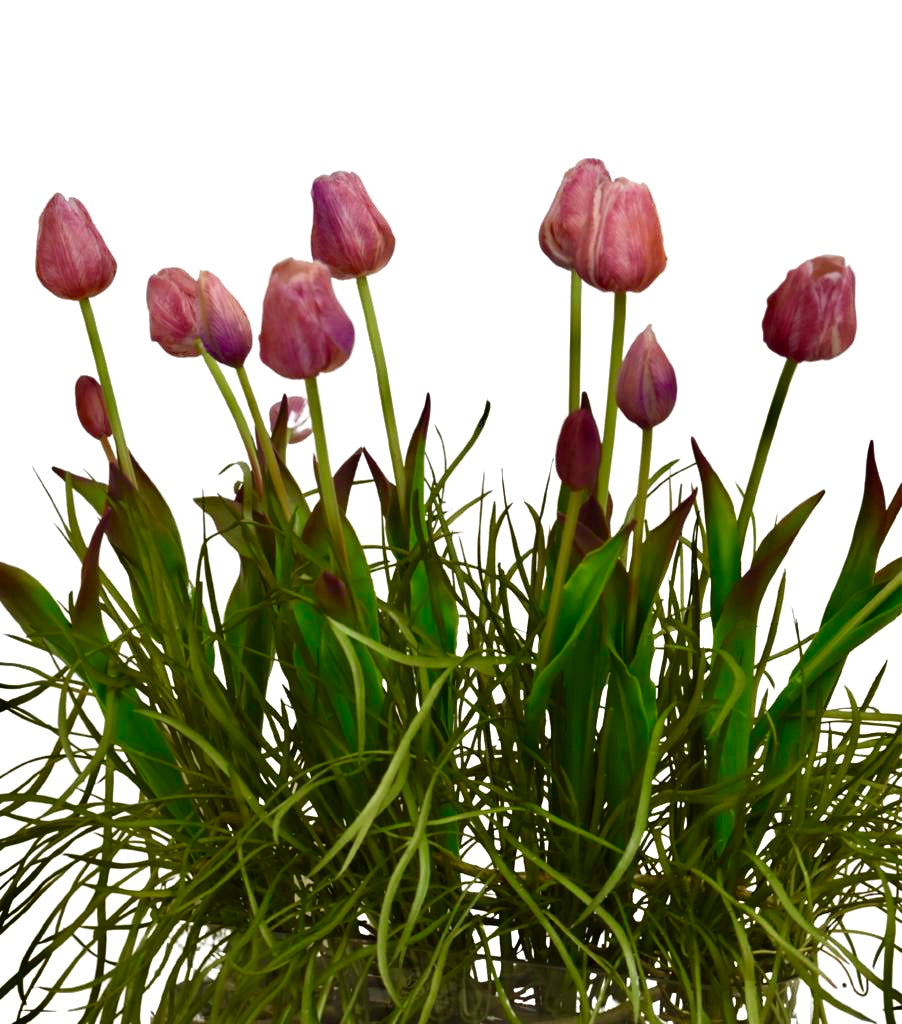 Centro de Mesa con Tulipanes Artificiales en Base Rectangular de Vidrio con Agua Acrílica