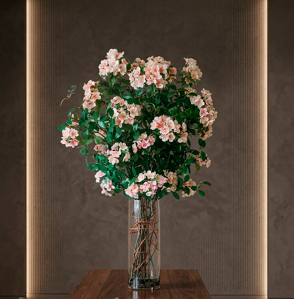 Arreglo Floral Artificial con Apple Blossom en Cilindro con Agua Acrílica (Única Pieza)
