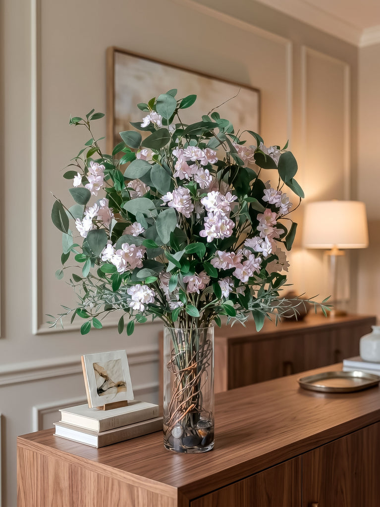 Arreglo Floral con Cherry Blossom Artificial en Cilindro de Vidrio
