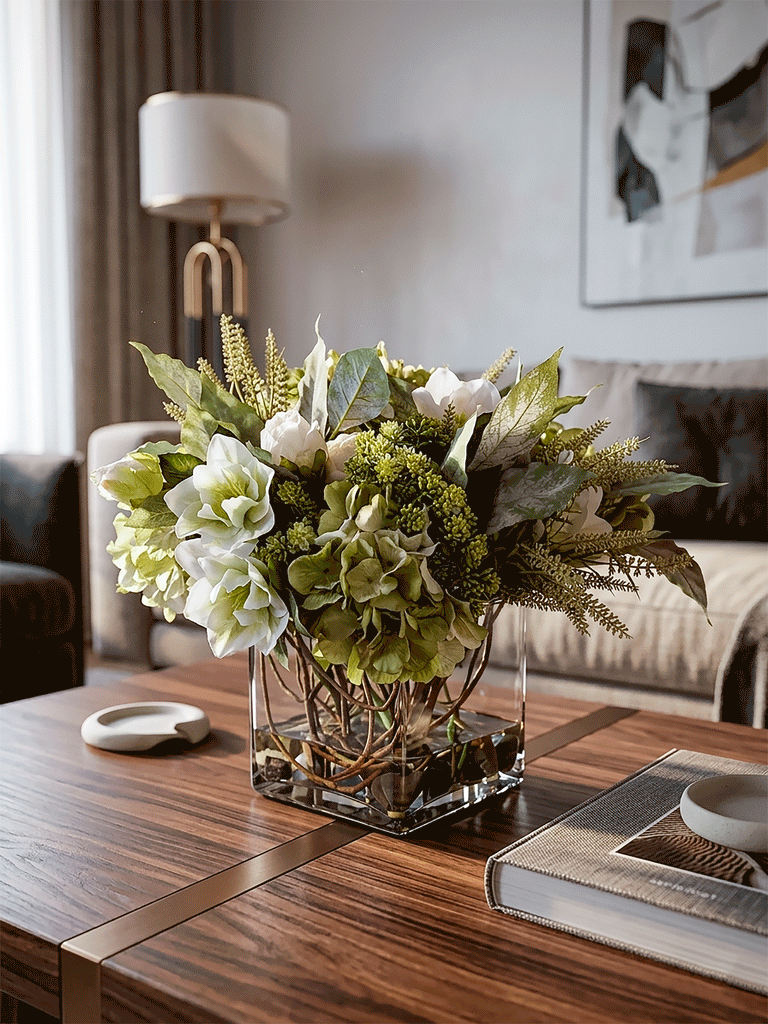 Arreglo Floral con Hydrangeas Verdes y Follajes Artificiales en Base Cuadrada de Vidrio con Agua Acrílica