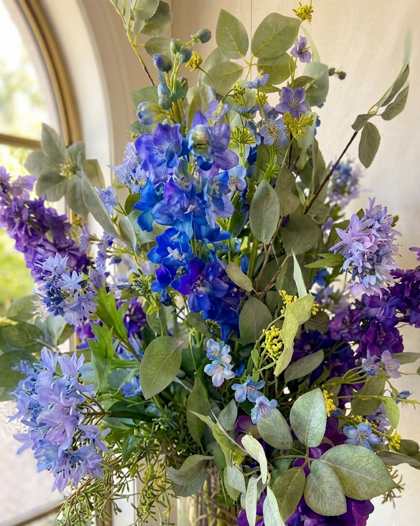 Arreglo Floral de Delphinium y Agaphantus y Follajes Artificiales en Cilindro de Vidrio