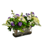 Arreglo Floral de Licianthus e Hydrangea con Follajes Artificales en Base de Vidrio Rectangular con Agua Acrílica