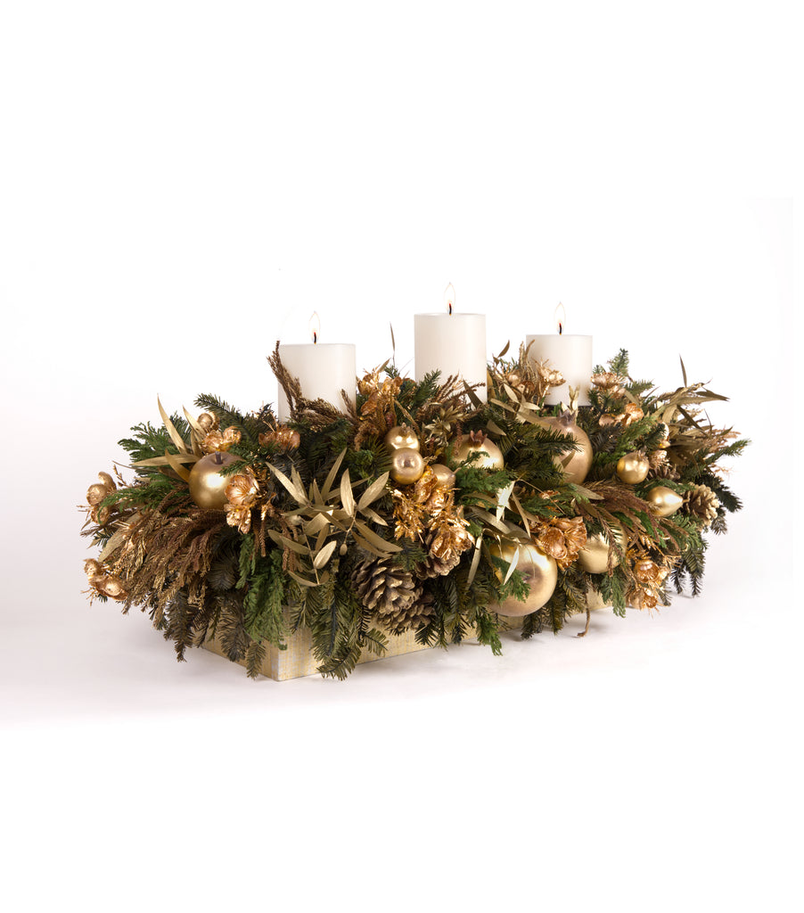 Centro de Mesa Rectangular con 3 Velas Golden Forest