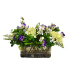 Arreglo Floral de Licianthus e Hydrangea con Follajes Artificales en Base de Vidrio Rectangular con Agua Acrílica
