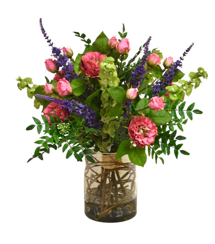 Arreglo Floral de Rosas y Bluddelias Artificiales en Florero de Vidrio con Agua Acrílica