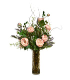 Arreglo Floral de Rosas y Lavandas Artificiales en Cilindro de Vidrio con Agua Acrílica