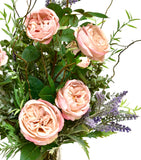 Arreglo Floral de Rosas y Lavandas Artificiales en Cilindro de Vidrio con Agua Acrílica