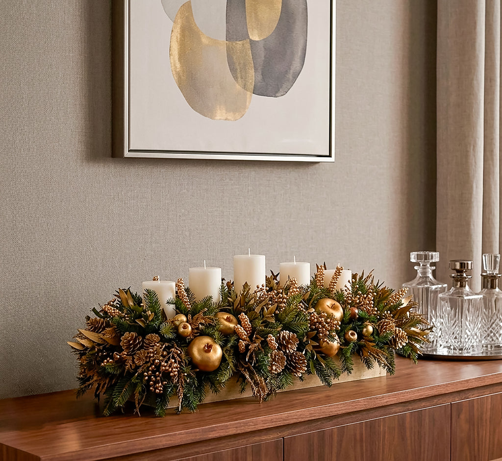 Centro de Mesa Rectangular con 5 Velas Golden Woods
