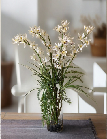 Orquideario con Cymbidium Artificial en Florero de Vidrio