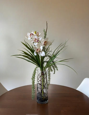 Orquideario con Cymbidium Artificial en Base de Vidrio