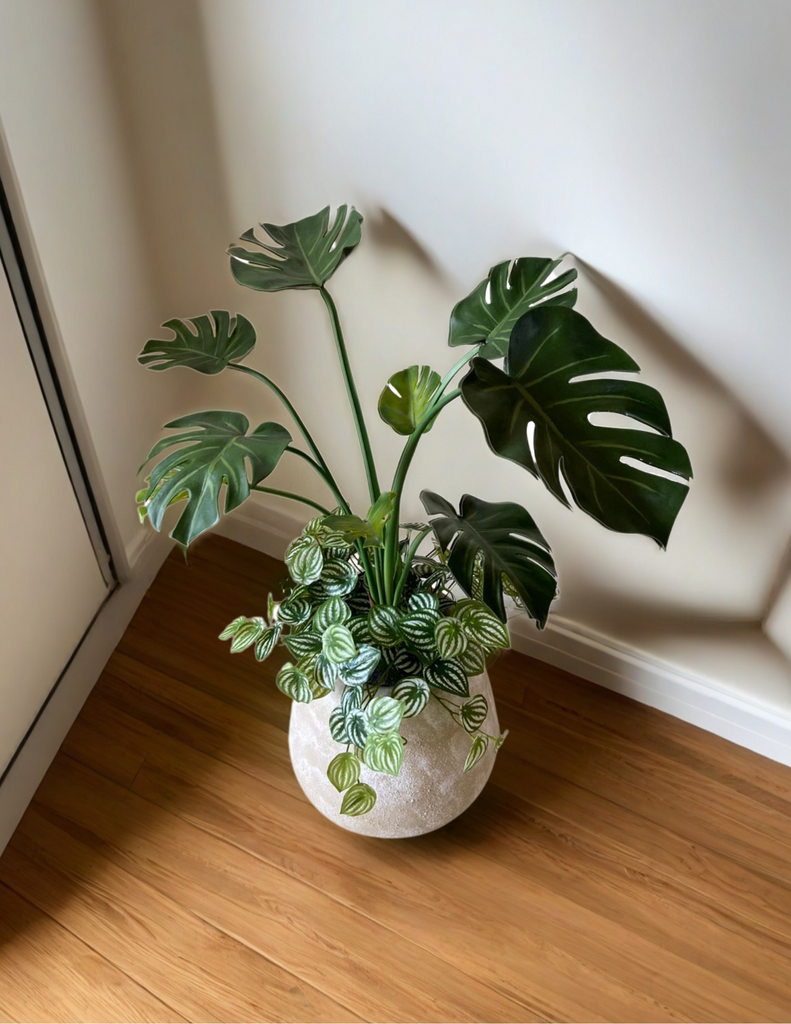 Planta Monstera con Peperomias Artificiales en Base de Cerámica Mediterránea