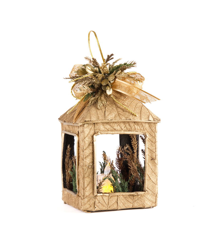 Estuche con 1pza Farol Mediano de Corteza y Hoja de Encino Golden Forest