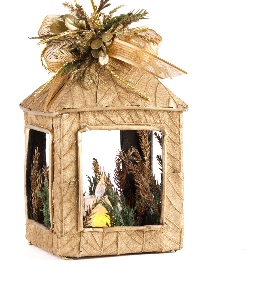 Estuche con 1pza Farol Mediano de Corteza y Hoja de Encino Golden Forest