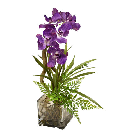Orquideario Vanda Orchid Artificial en Base Cuadrada de Vidrio con Agua Acrílica