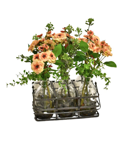 Set de 6 Botellas con Rosas Artificiales en Tonos Salmón en Base de Herrería con Agua Acrílica