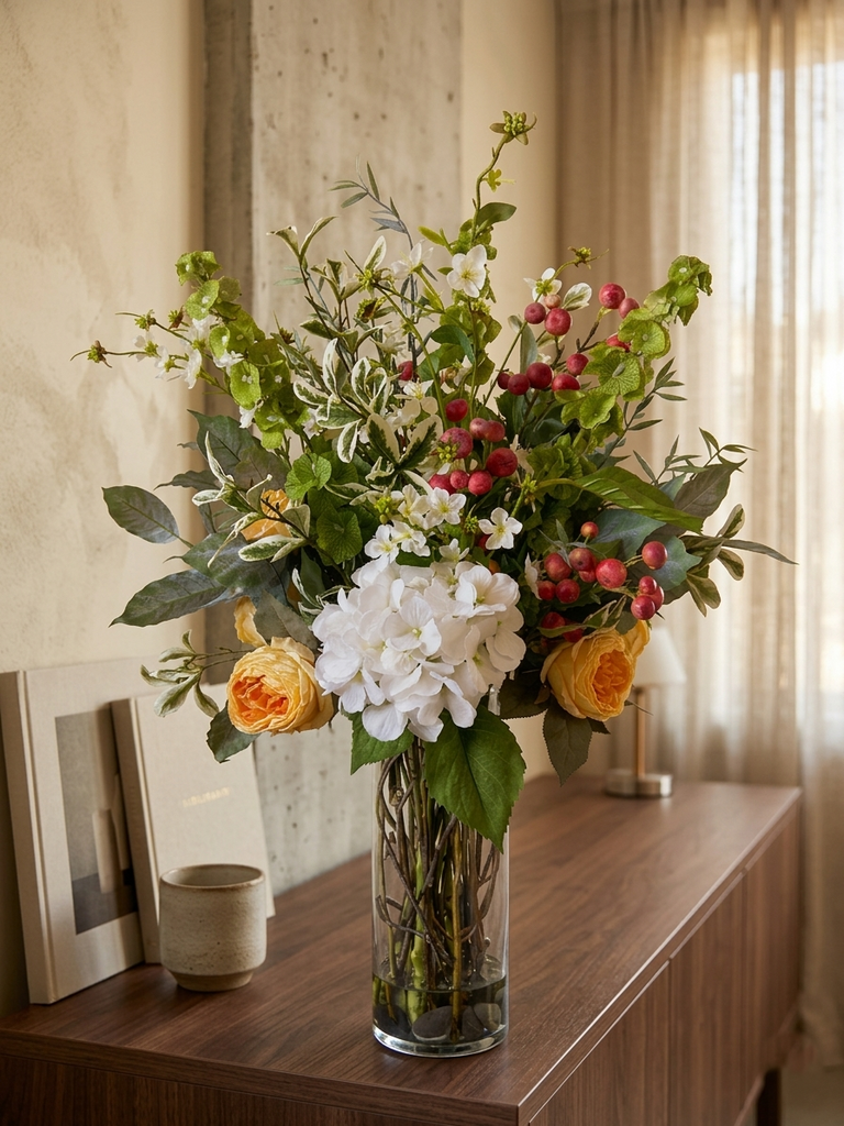 Arreglo Floral con Rosa Cabbage, Hydrangeas Blancas y Follajes Artificiales en Florero de Vidrio con Agua Acrílica