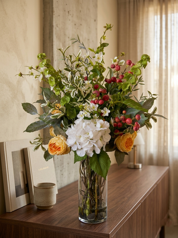 Arreglo Floral con Rosa Cabbage, Hydrangeas Blancas y Follajes Artificiales en Florero de Vidrio con Agua Acrílica