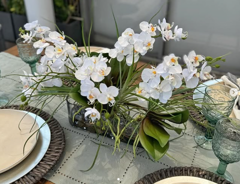 Orquideario con Mini Phalaenopsis y Follajes Artificiales en Base Ovalada de Vidrio