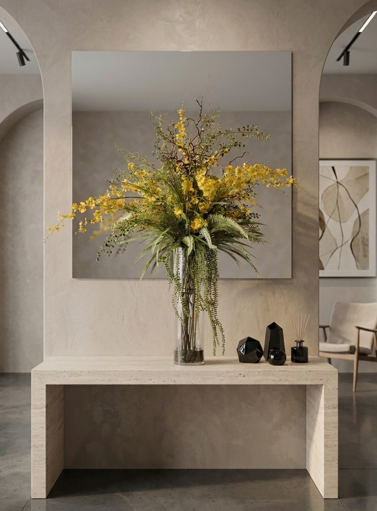 Orquideario con Oncidium Amarilla 3/4 con Follajes Artificiales en Cilindro de Vidrio
