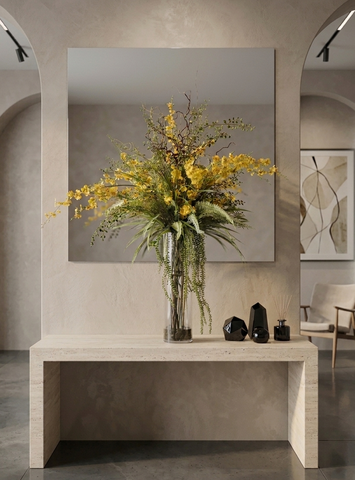 Orquideario con Oncidium Amarilla 3/4 con Follajes Artificiales en Cilindro de Vidrio