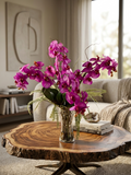 Orquideario con Phalaenopsis Morada y Follajes Artificiales en Base de Vidrio