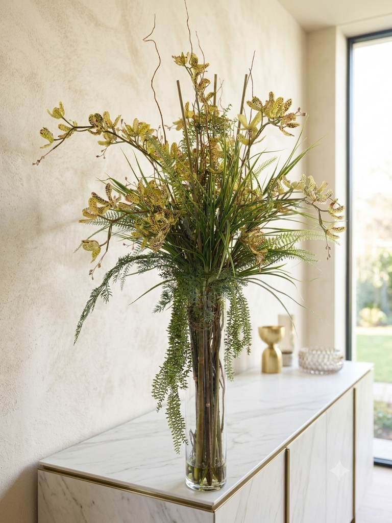 Orquideario Dendrobium Verde con Follajes en Florero Alto con Agua Acrílica