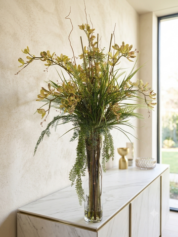Orquideario Dendrobium Verde con Follajes en Florero Alto con Agua Acrílica