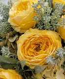 Arreglo Floral con Rosa Cabbage e Hydrangeas y Follajes Artificiales en Base Cuadrada de Vidrio y Agua Acrílica