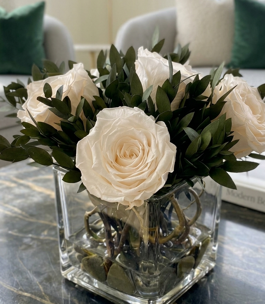 Arreglo Floral con 5 Rosas Preservadas Color Champagne en Base Cuadrada de Vidrio con Agua Acrílica