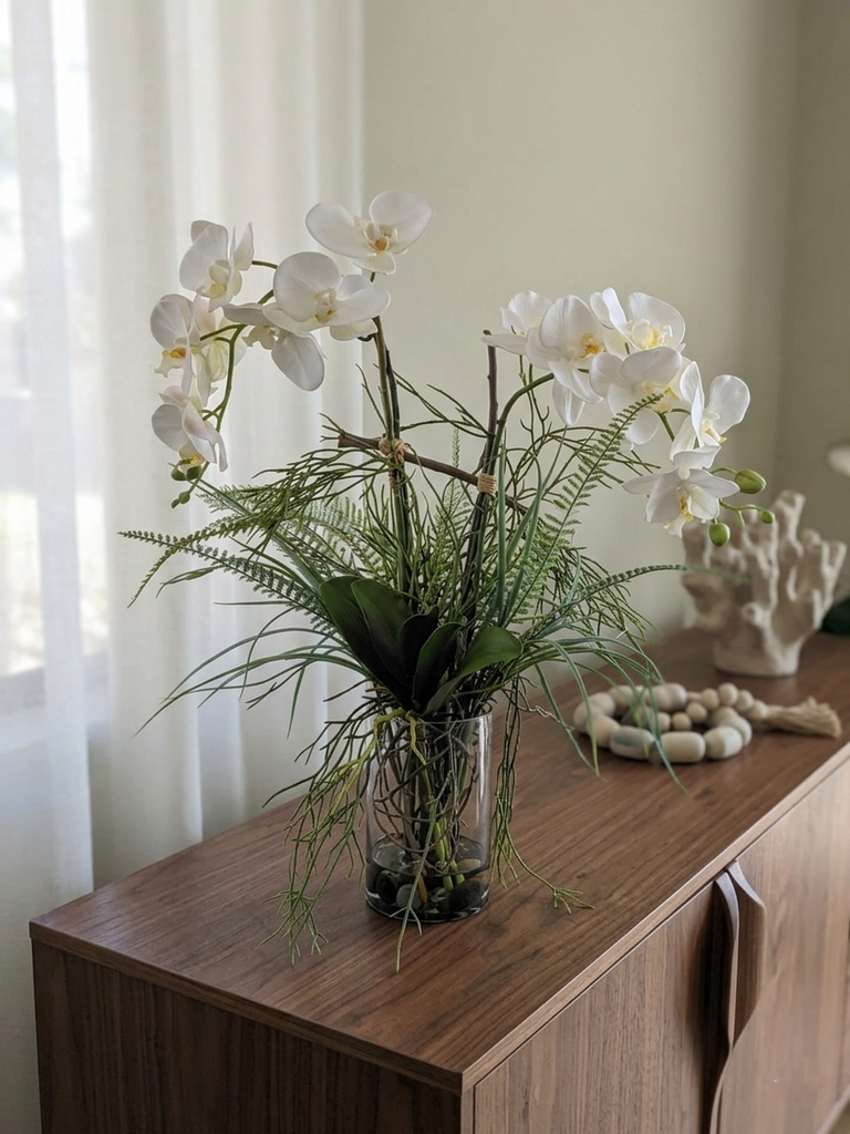 Orquideario con Dos Phalaenopsis y Follajes Artificiales en Florero con Agua Acrílica