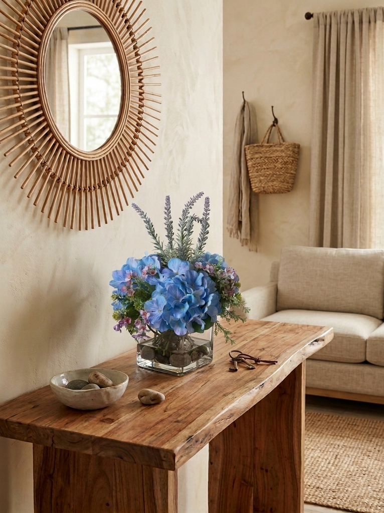 Arreglo Floral Chico con Hydrangeas Azul en Base Cuadrada de Vidrio con Agua Acrílica