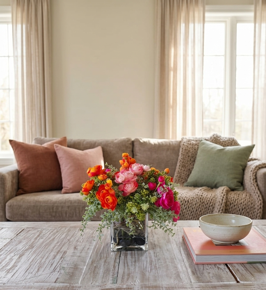 Arreglo Floral con Ranunculus Varios Totos  Base Cuadrada Ch de Vidrio con Agua Acrílica