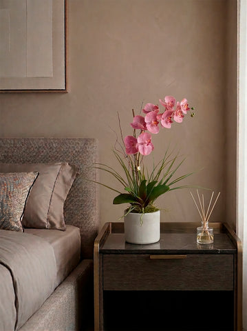 Orquideario con Phalaenopsis Rosa y Follajes Artificiales en Base de Cerámica