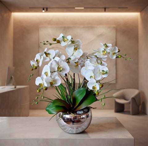 Orquideario con Phalaenopsis Blancas y Follajes  Artificiales en Base Tipo Espejo
