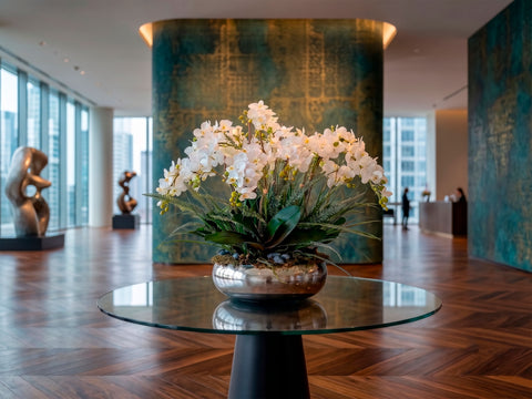 Orquideario Grande con Mini Phalaenopsis y Follajes Artificiales en Base Tipo Espejo