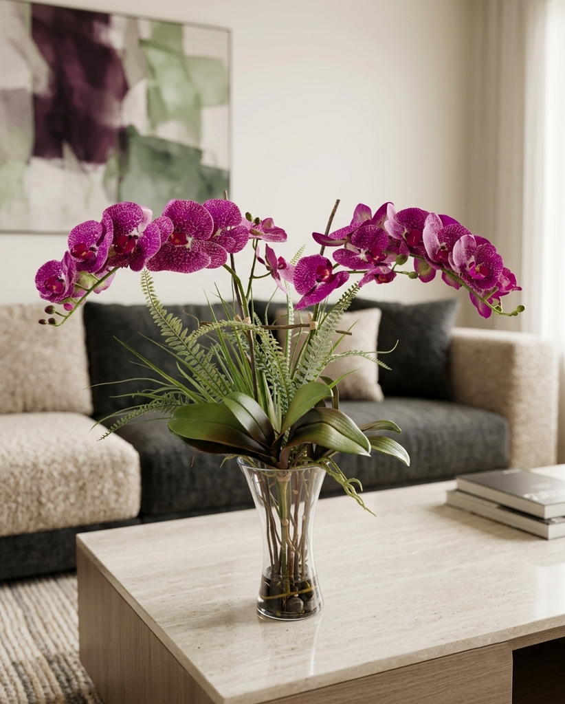 Orquideario con  2 Phalaenopsis Fucsia Moteada en Florero con Agua Acrílica
